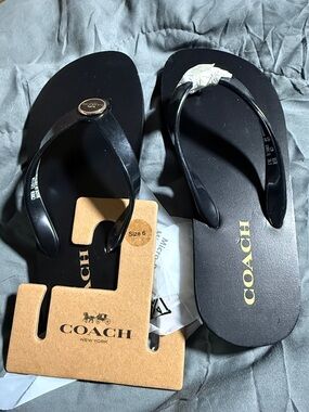 Coach Black Flip Flop Sandals with Gold Logo Accent